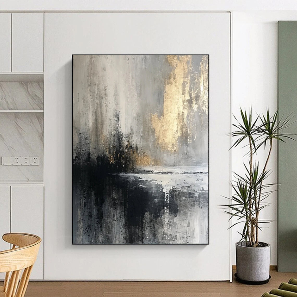 Gray - Gold Abstract Reflection Textured Painting On Canvas DS067