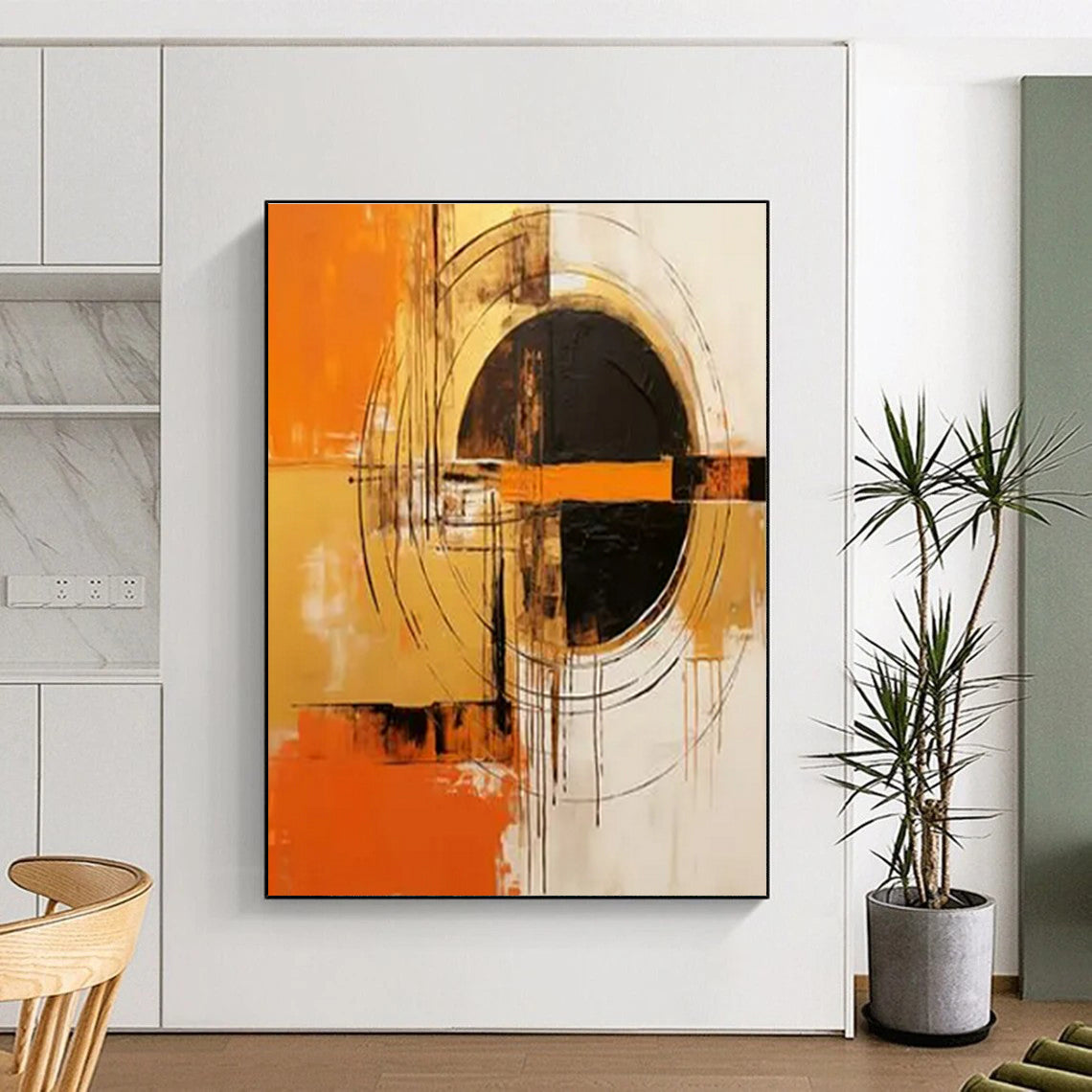Orange, Gold, Black & White Geometric Abstract "Solar Pulse" Painting On Canvas PS0853