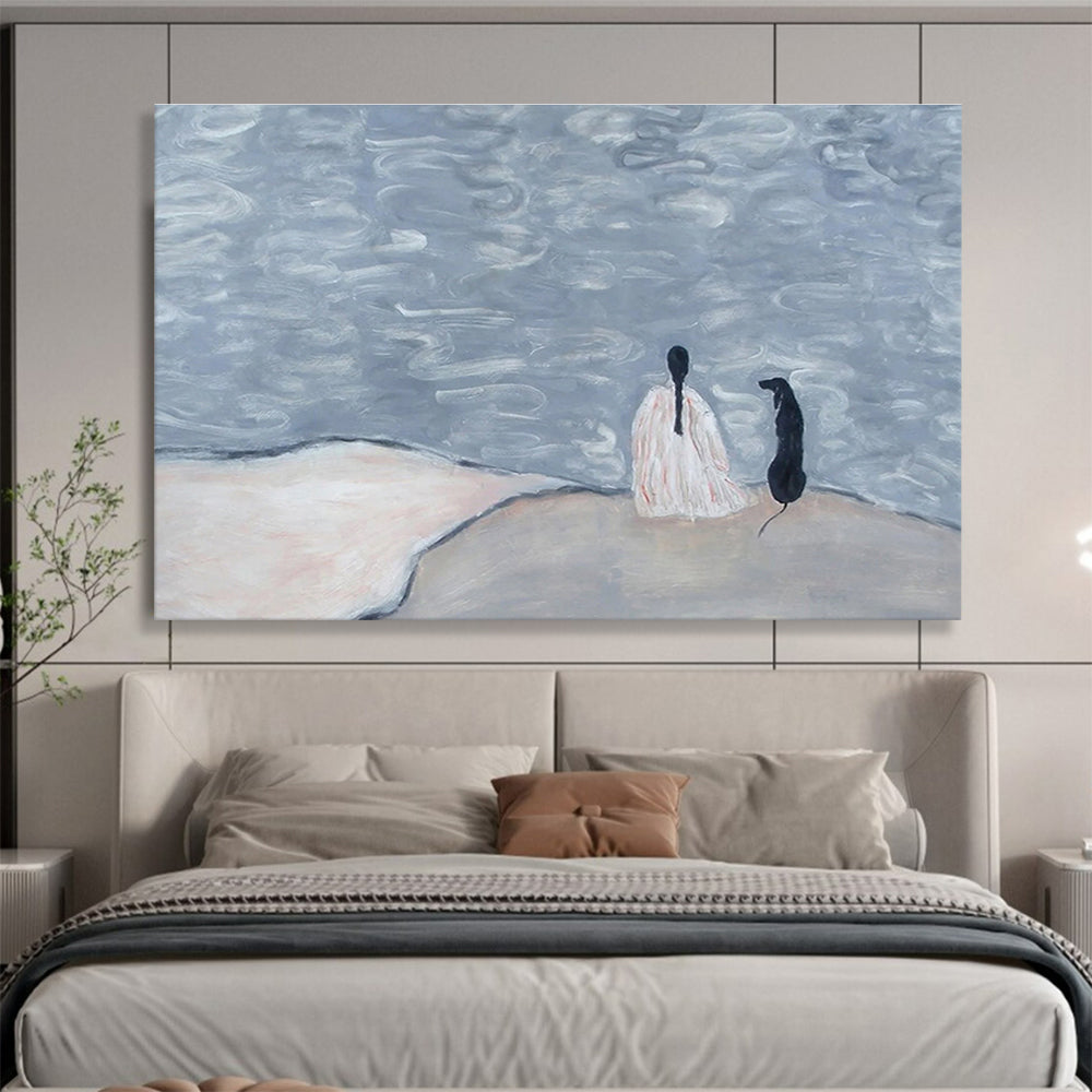 “Solitude by the Water” - Whimsical Figurative Painting On Canvas DKS423