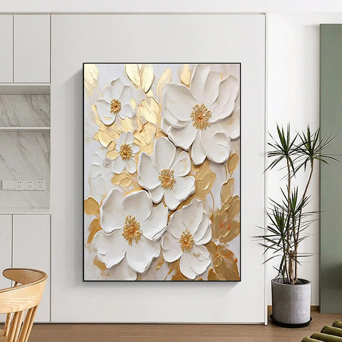 “3D White Flowers & Gold” - White, Gold Abstract Floral Painting On Canvas PS0658