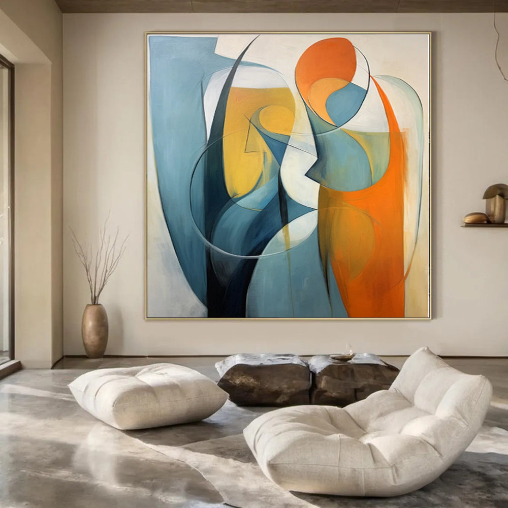 “Blue - Orange Abstract Figures” - Cubist Abstract Painting On Canvas PS0188