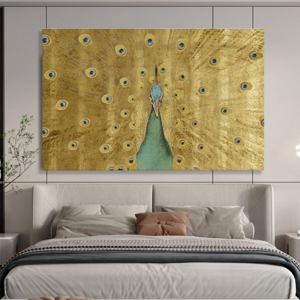 “Golden Peacock Display” - Gold, Blue & Green Animal, Ornate Oil Painting On Canvas DKS740