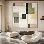 Green, Gray, Black, Beige, Pink with Geometric Forms "Playful Grid" Abstract Painting On Canvas PS1446