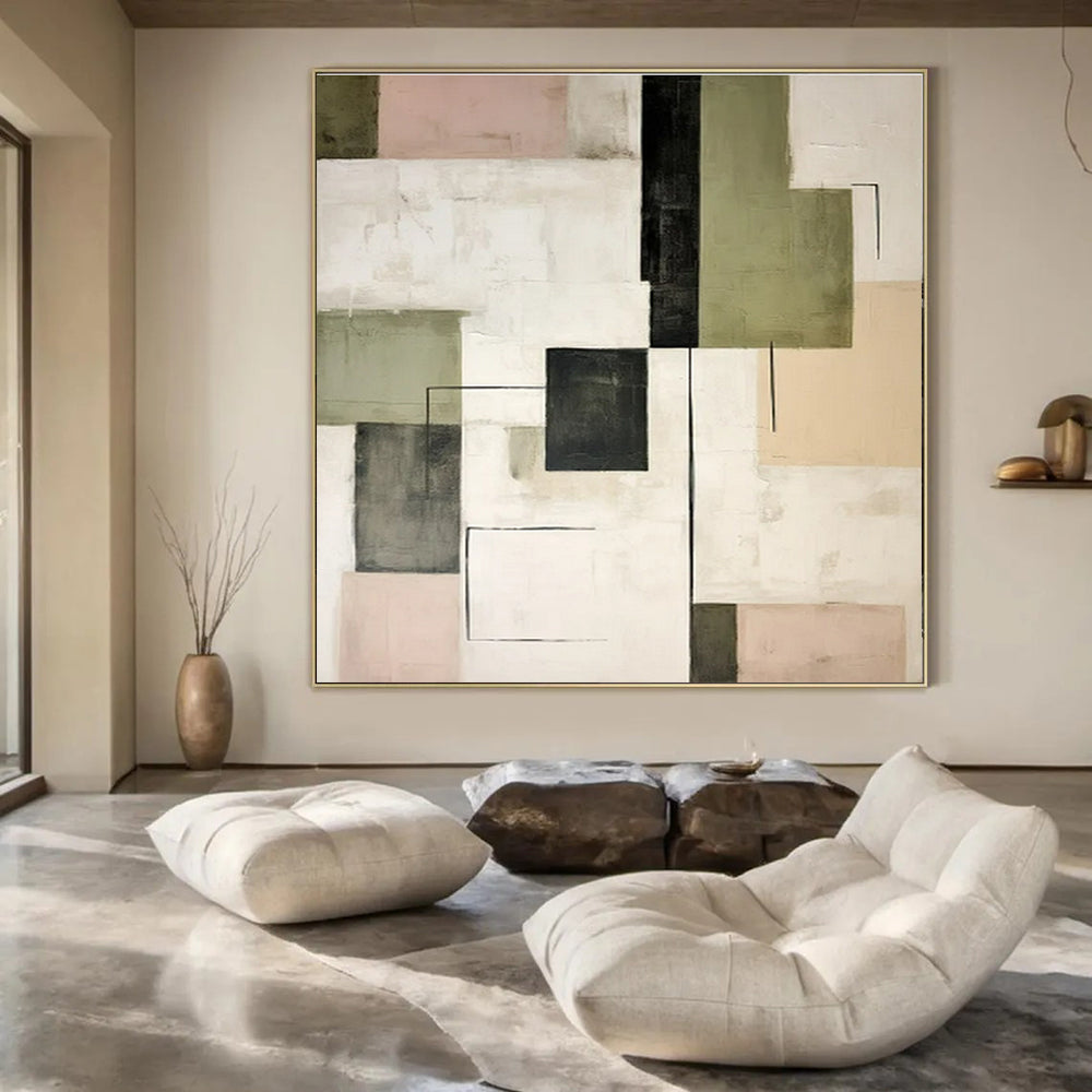 Green, Gray, Black, Beige, Pink with Geometric Forms "Playful Grid" Abstract Painting On Canvas PS1446