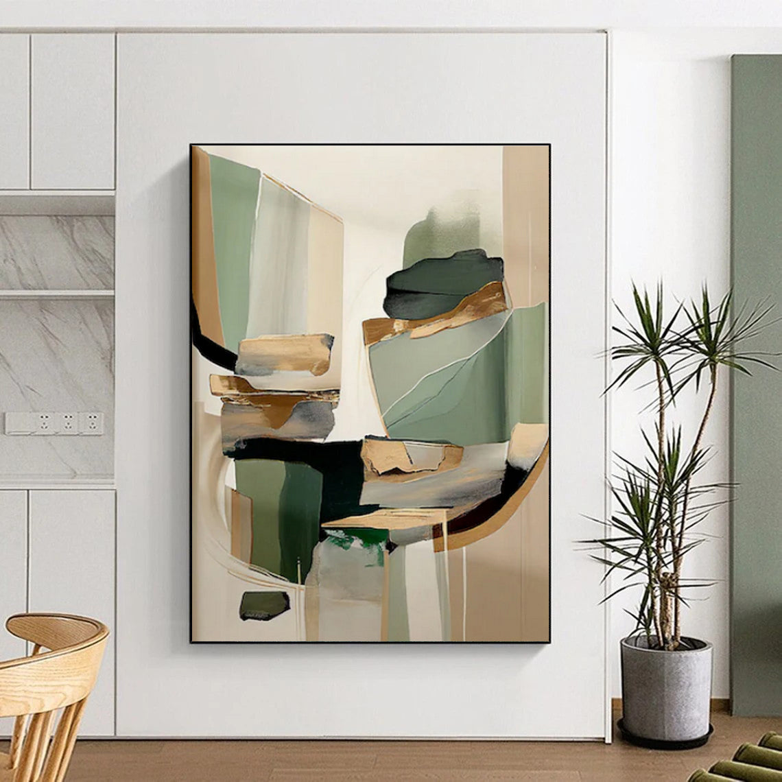 “Green - Gold Abstract Fusion” - Green, Gold, Beige Abstract Geometric Painting On Canvas PS0764