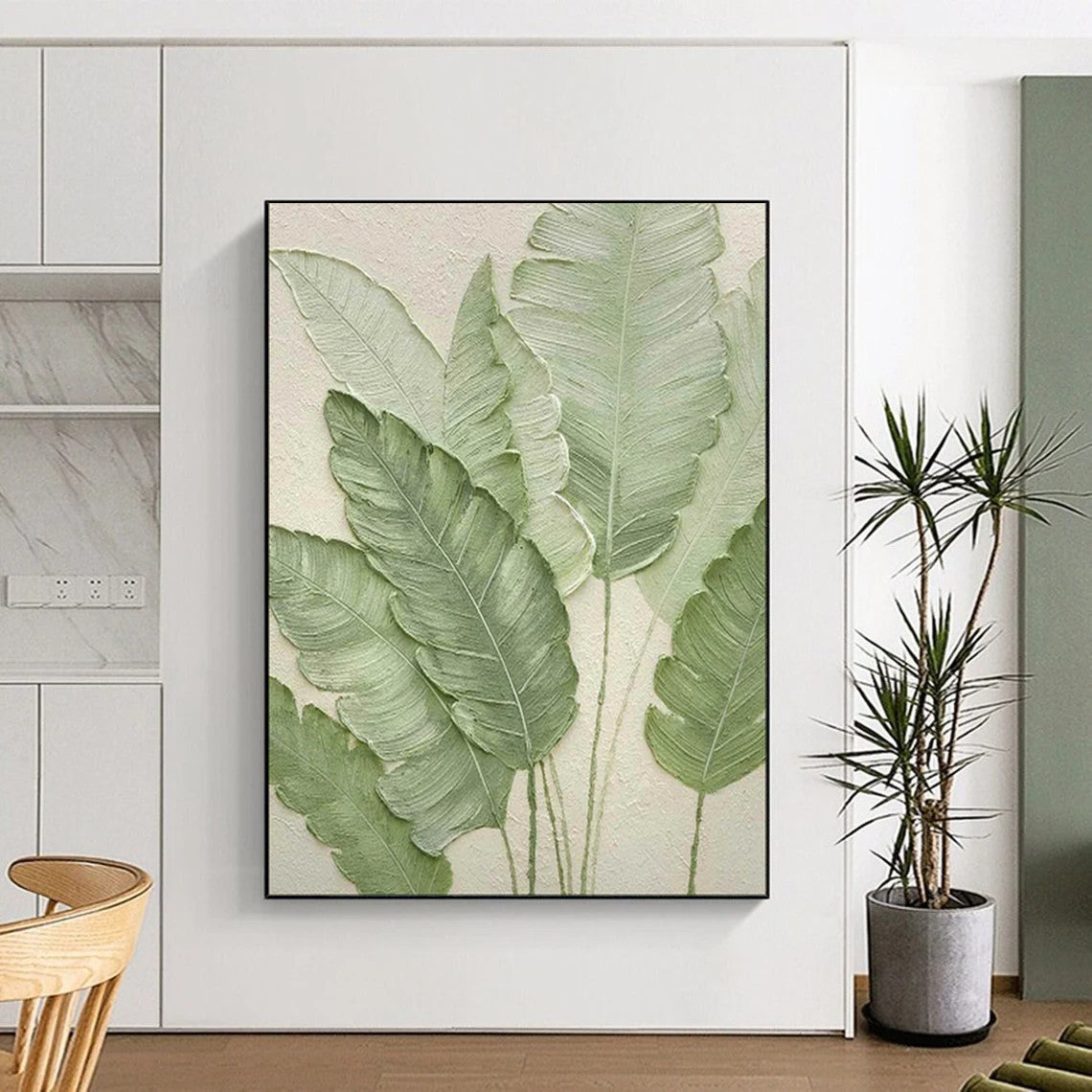 “Textured Green Leaf Relief” - Botanical Textured Painting On Canvas PT1876