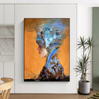 “Blue and Brown Abstract Headpiece on Orange” - Expressive Portrait - Inspired Painting On Canvas DS348