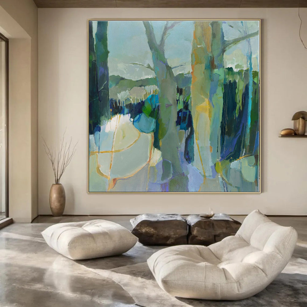 Green, Blue, Gray with Abstract Trees "Forest Reverie" Abstract Painting On Canvas PS1307