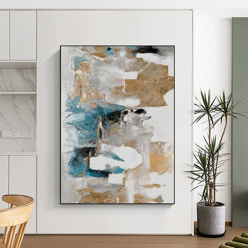 “Blue, Gray, and Gold Abstract” - Minimalist Abstract Painting On Canvas PT2245