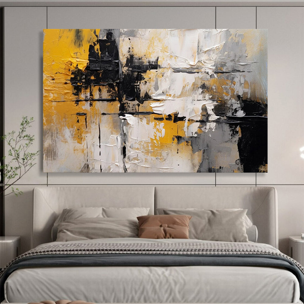 “Yellow, Black, and White Abstract Textures” - Modern Abstract Painting On Canvas PT085