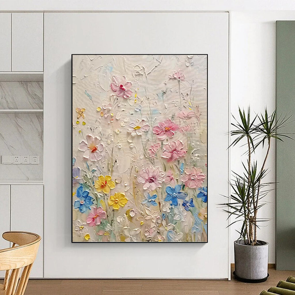 “Textured Colorful Flower Field” - Impasto Botanical Painting On Canvas PT1000