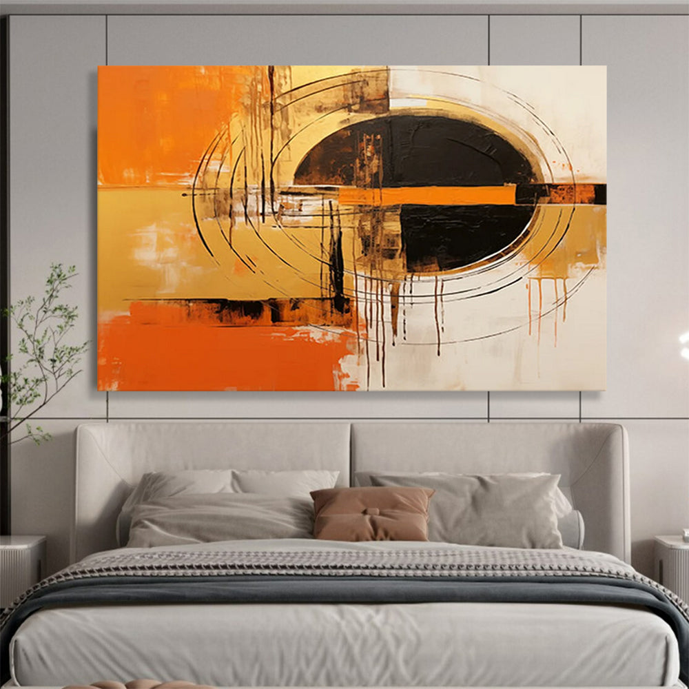 “Orange, Gold, and Black Circular Abstract” - Expressive Abstract Painting On Canvas PT105