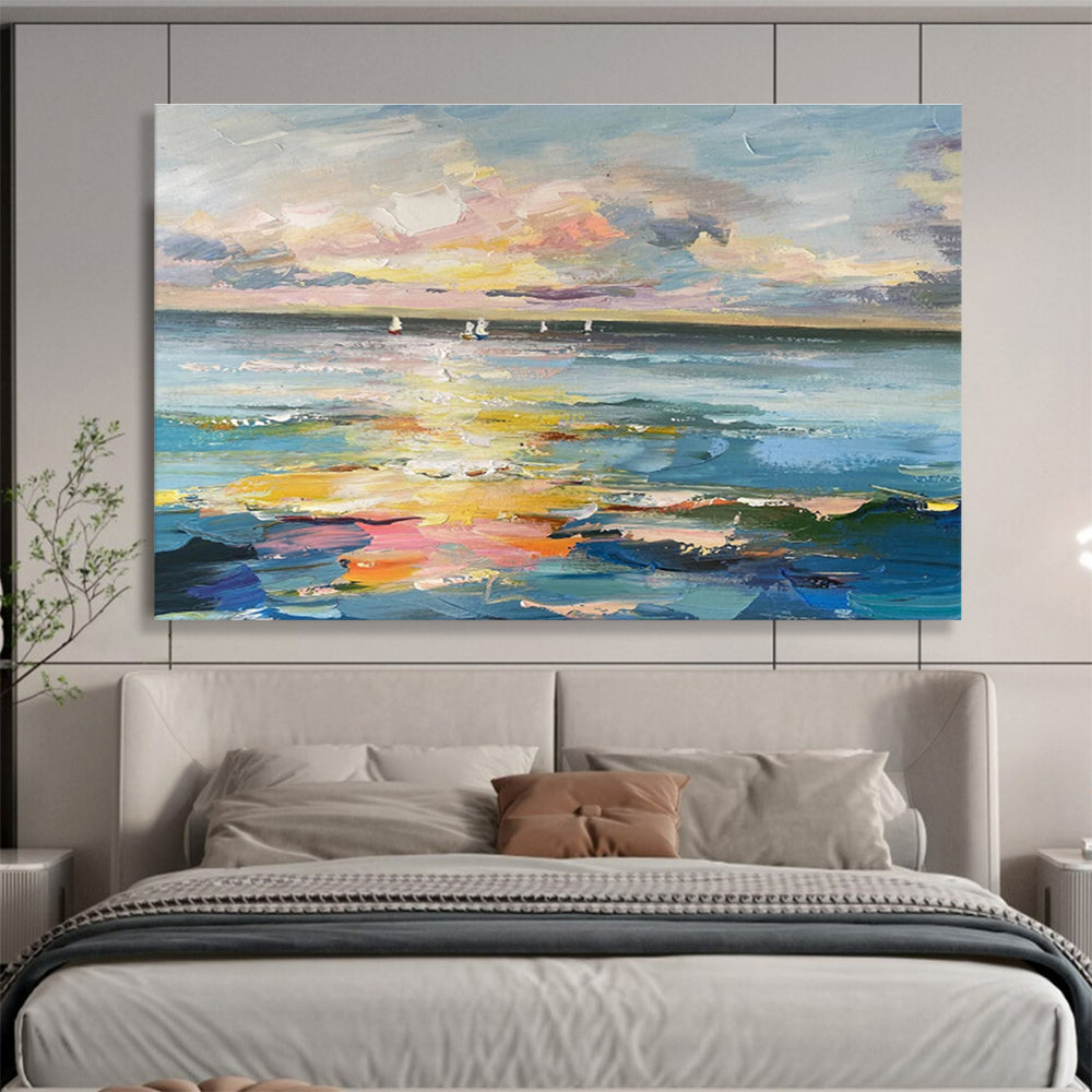 Sunset Sails Over Color - Drenched Sea Impressionist Maritime Painting On Canvas DKS115