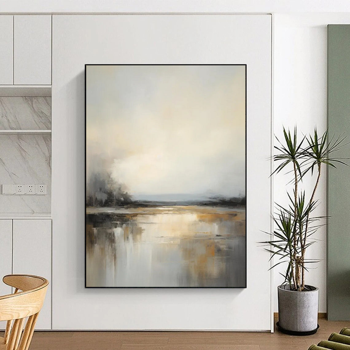 Gray - White - Gold Abstract Water Scene, Similar to the Style of J.M.W. Turner's Atmospheric Landscapes, Painting On Canvas PT2091