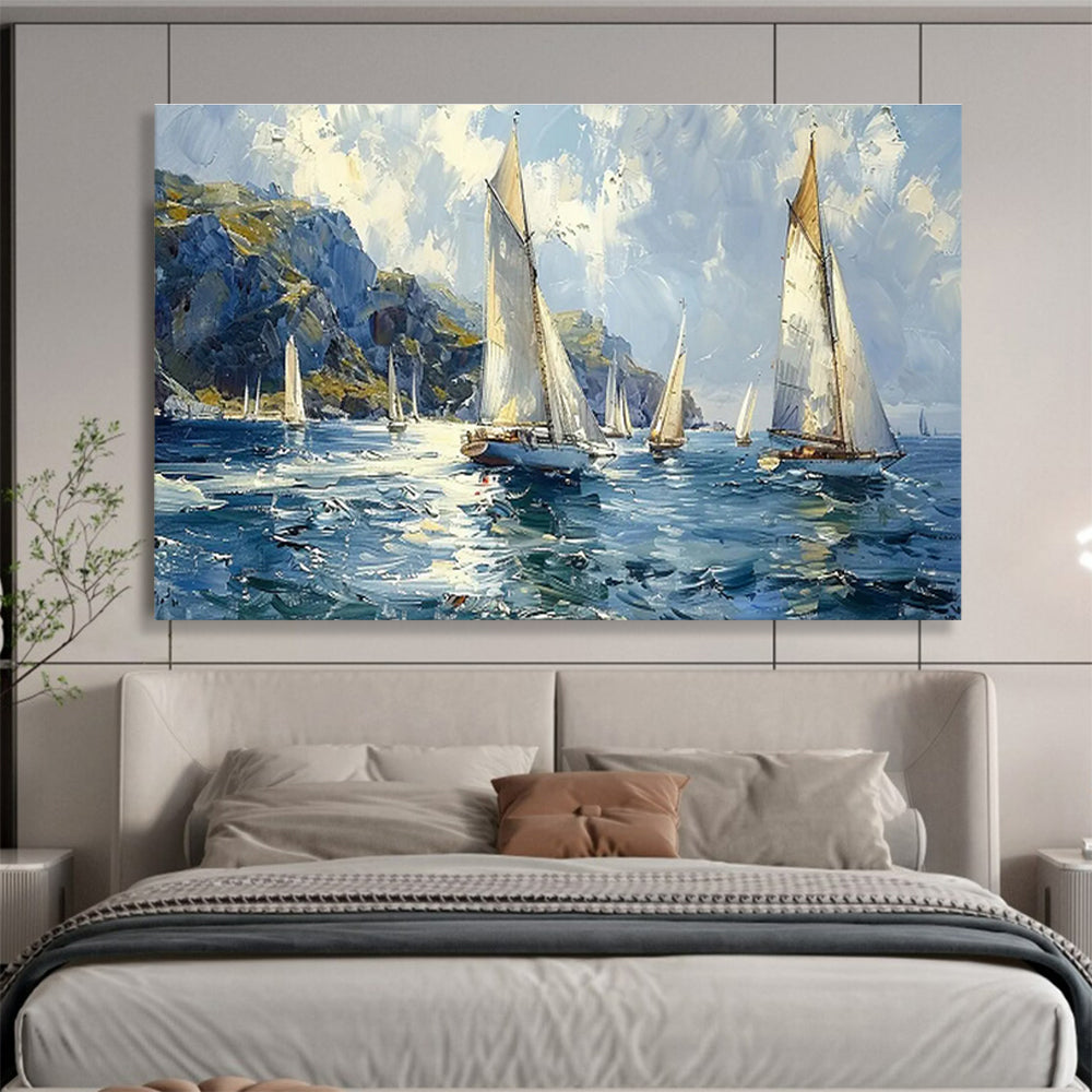 Sailing the Blue - Seaside Sailing Oil Painting, Ideal for Porch & Nautical - themed Room DKS669