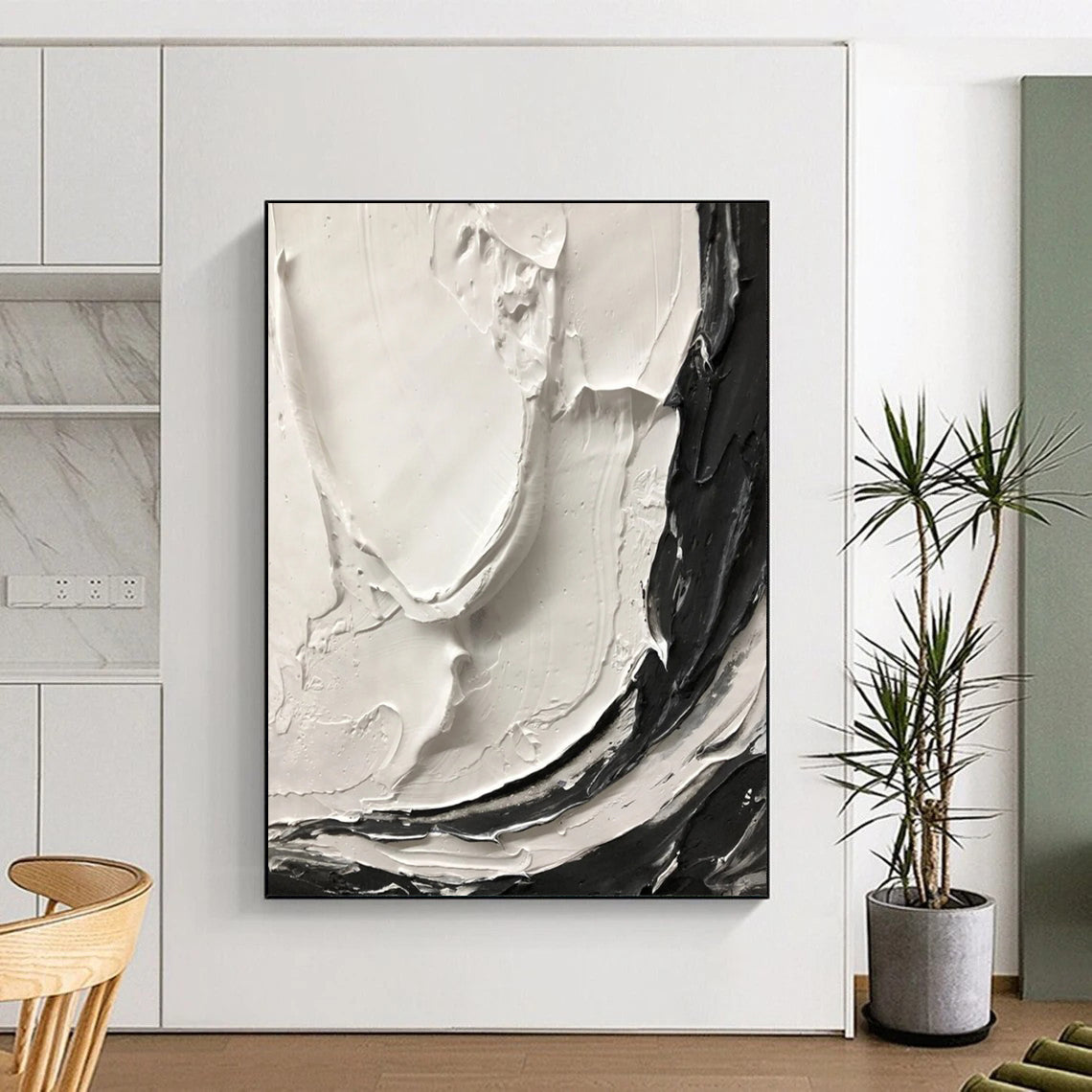 “Thick Black and White Textured Swirls” - Tactile Abstract Painting On Canvas DS387