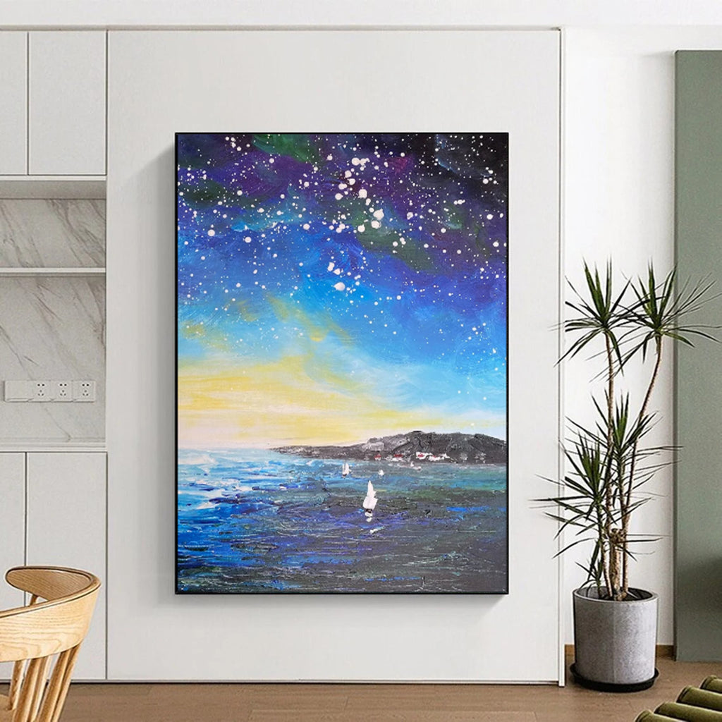 “Starry Night Coastal Sailboats” - Impressionist Night Sky Painting On Canvas PT1902