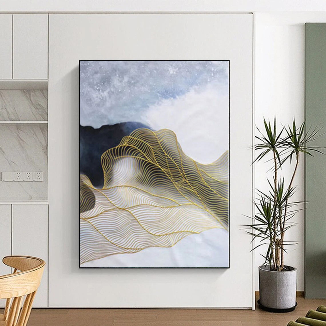 “Blue - White - Gold Wavy Lines Abstract” Painting On Canvas PS0382