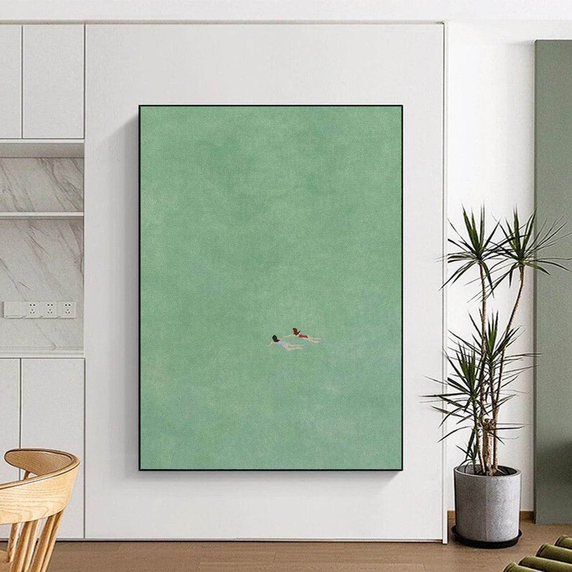 “Two Swimmers in Green” - Minimalist Figurative Painting On Canvas DS305
