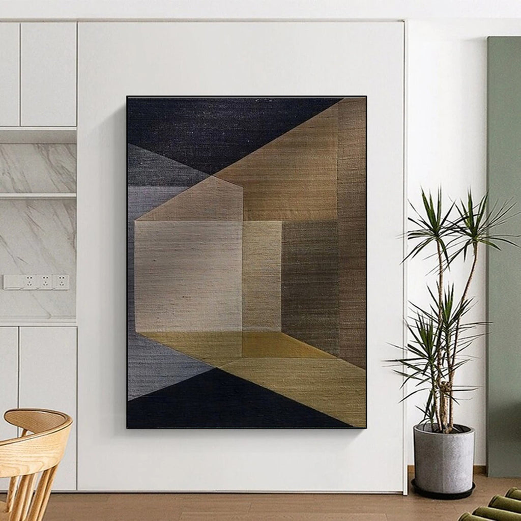 “Earthy Geometric Fusion” - Brown, Gray, Gold Abstract Geometric Painting On Canvas PS0677