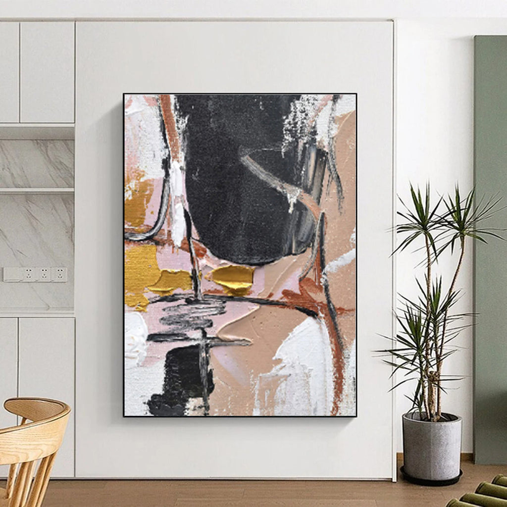 “Pink - Gold - Black Abstract Textures” - Pink, Gold, Black, White Abstract Textured Painting On Canvas PS0560