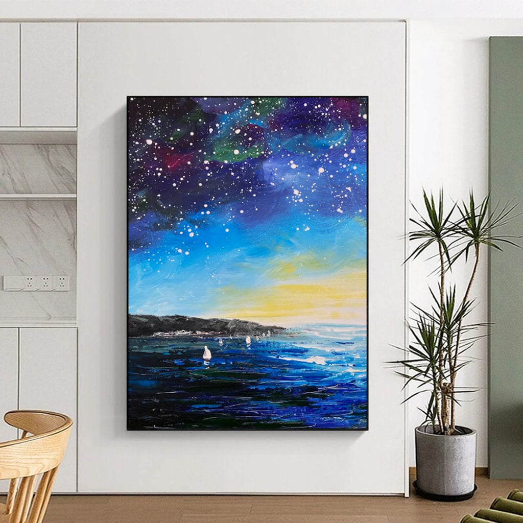 “Starry Night Ocean with Sailboats” - Impressionist Night Sky Painting On Canvas PT1901