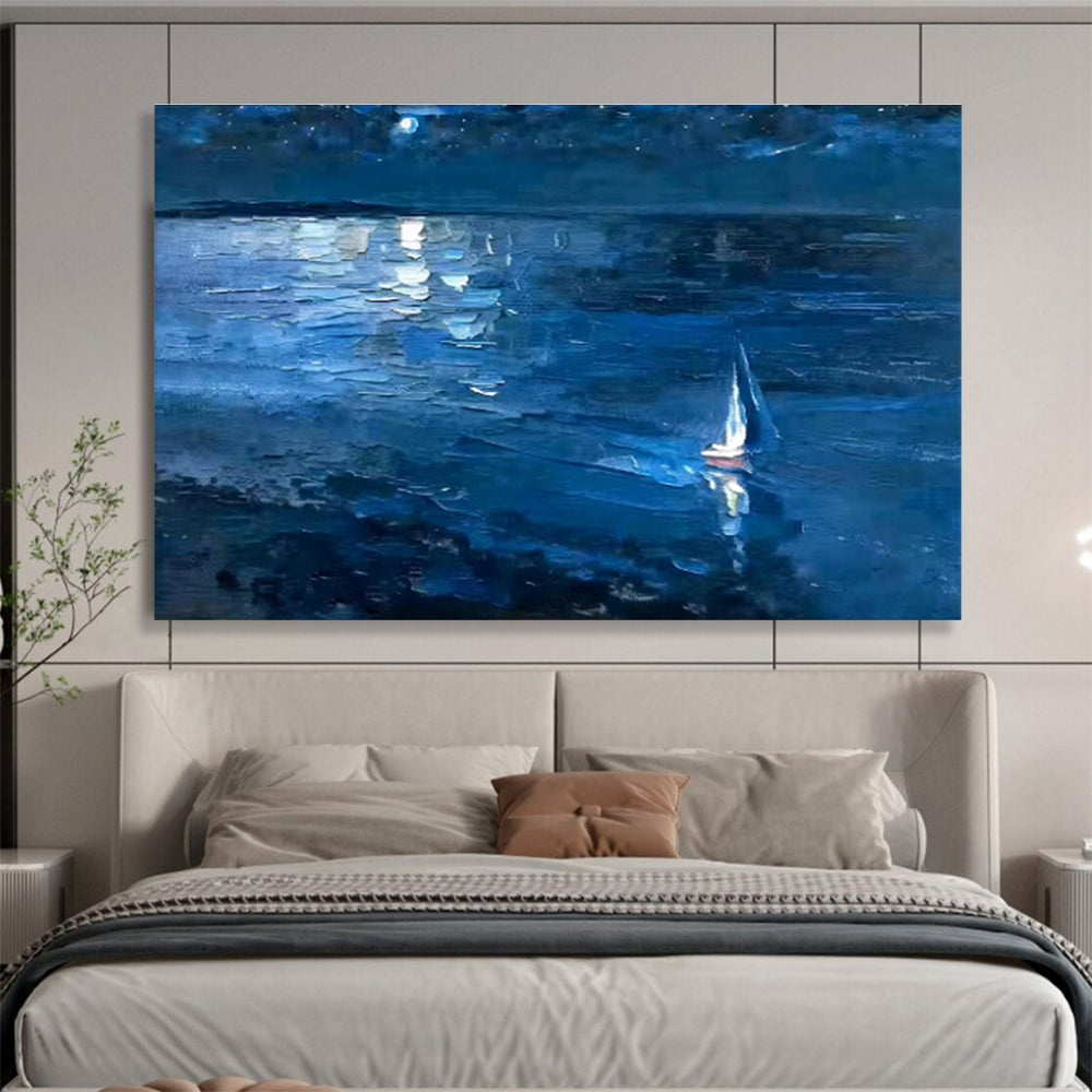 Blue Night Sky and Sea with Sailboat Impressionist Landscape Painting On Canvas DKS100