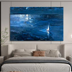 Blue Night Sky and Sea with Sailboat Impressionist Landscape Painting On Canvas DKS100