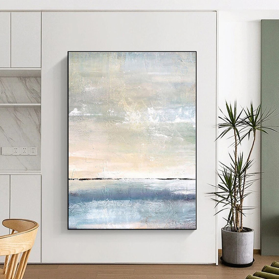 “Soft Coastal Abstraction” - Blue, Beige, White Abstract Seaside Painting On Canvas PS0547
