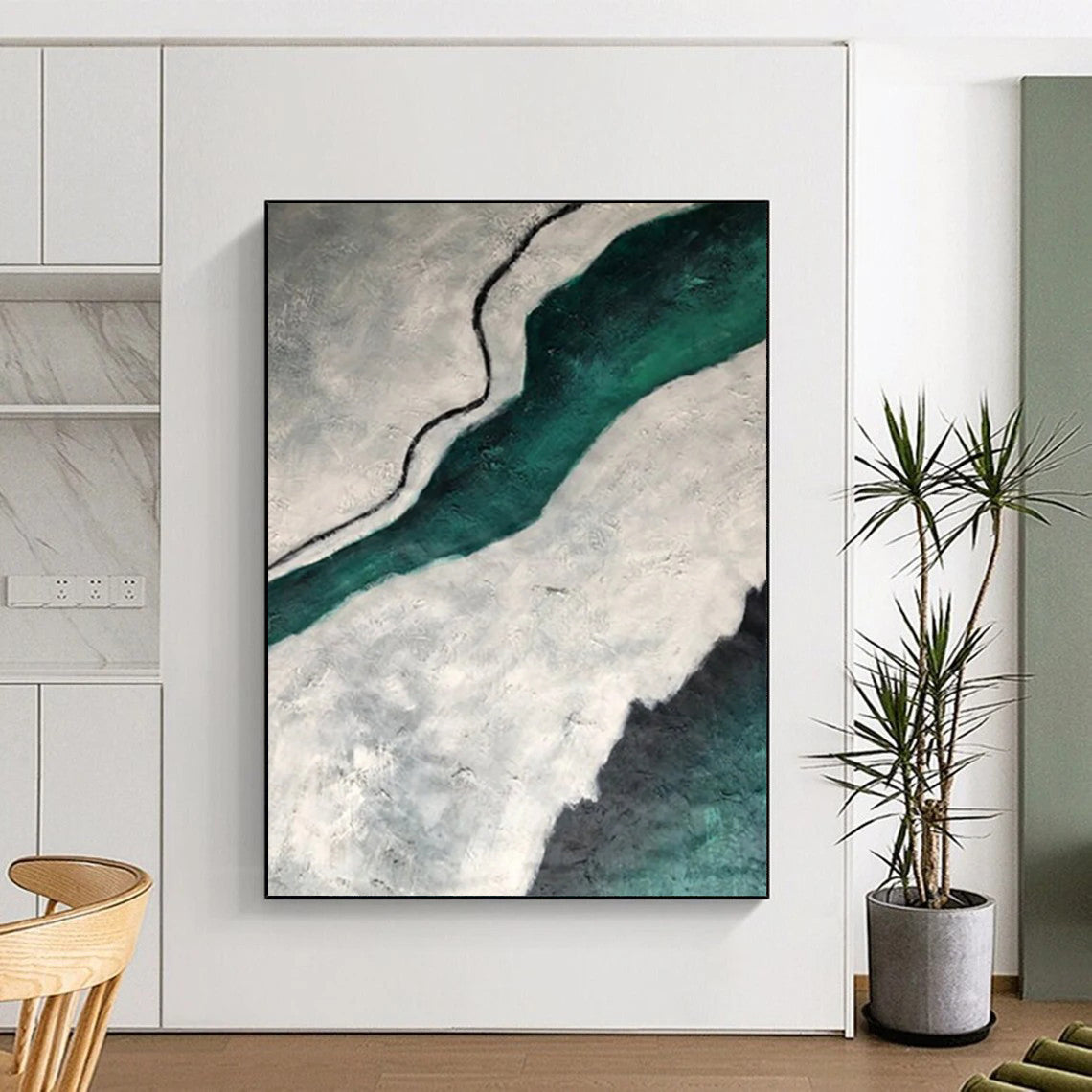 “Teal River Through Grey Lands: Textured Abstract Painting” - Landscape - Inspired Abstract Painting On Canvas DS403