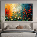 “Sunset Garden Fantasia” - Orange, Green & Red Floral, Textured Flower Palette Knife Painting On Canvas DKS687