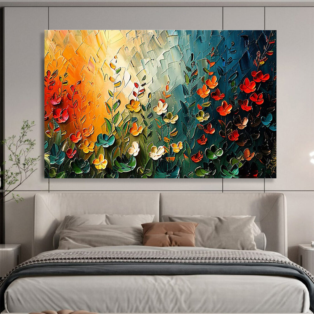 “Sunset Garden Fantasia” - Orange, Green & Red Floral, Textured Flower Palette Knife Painting On Canvas DKS687
