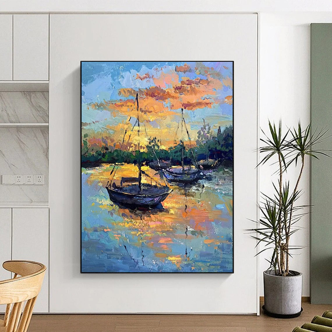 “Vibrant Impasto Sailboats at Dusk” - Impasto Landscape Painting On Canvas PT1894