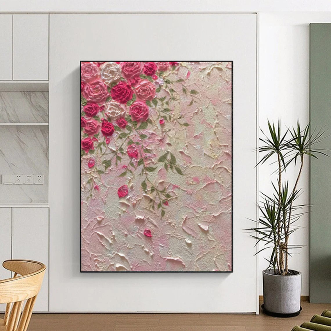 “Textured Pink Roses” - Impasto Floral Painting On Canvas PT1985