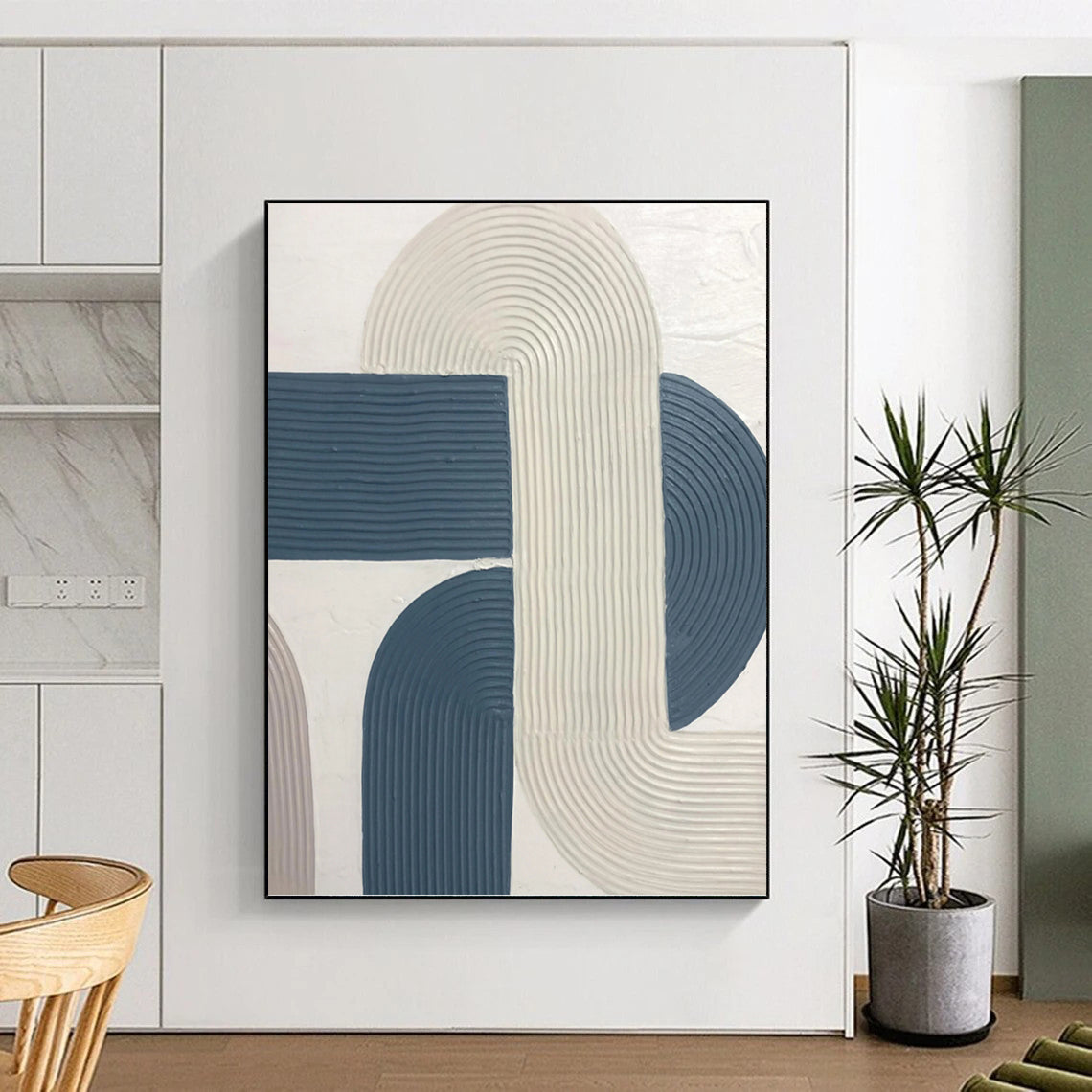 “White - Blue Curved Textures” - Minimalist Abstract Painting On Canvas PT1163