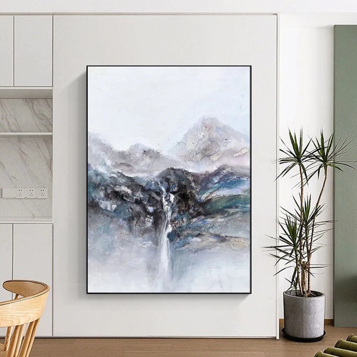 “Mountain - Waterfall Abstract in Gray - Blue” - Landscape Abstract Painting On Canvas PT1961