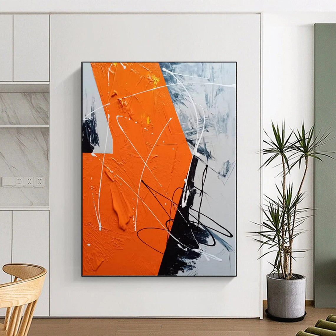 “Orange - Grey - White Abstract Dynamic Strokes” - Energetic Abstract Painting On Canvas PS0325