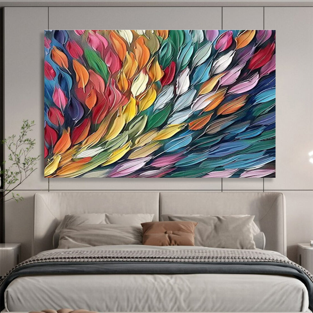 “Colorful Feather Cascade” - Rainbow - Hued Abstract Feathers, Textured Acrylic Painting On Canvas DKS689