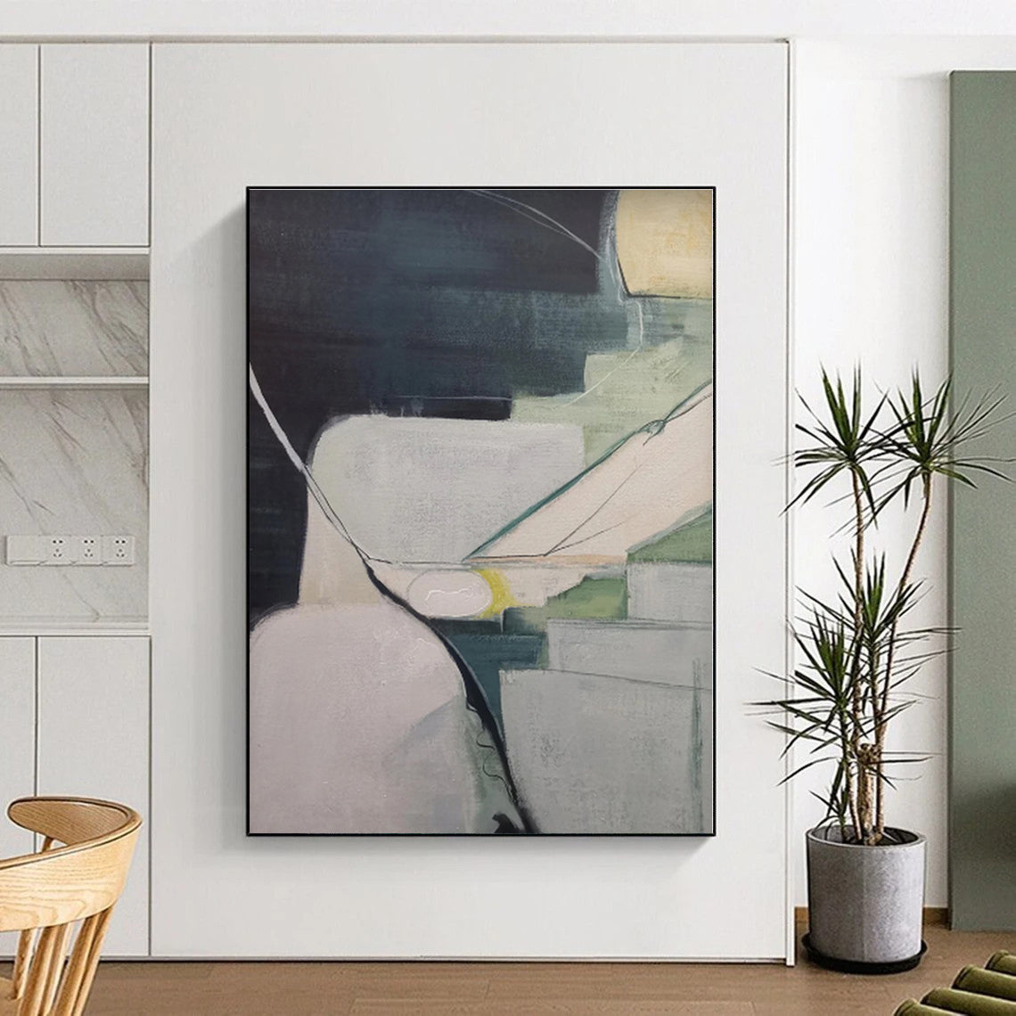 “Muted Tones Geometric Abstraction” - Gray, Green, White Abstract Geometric Painting On Canvas PS0556