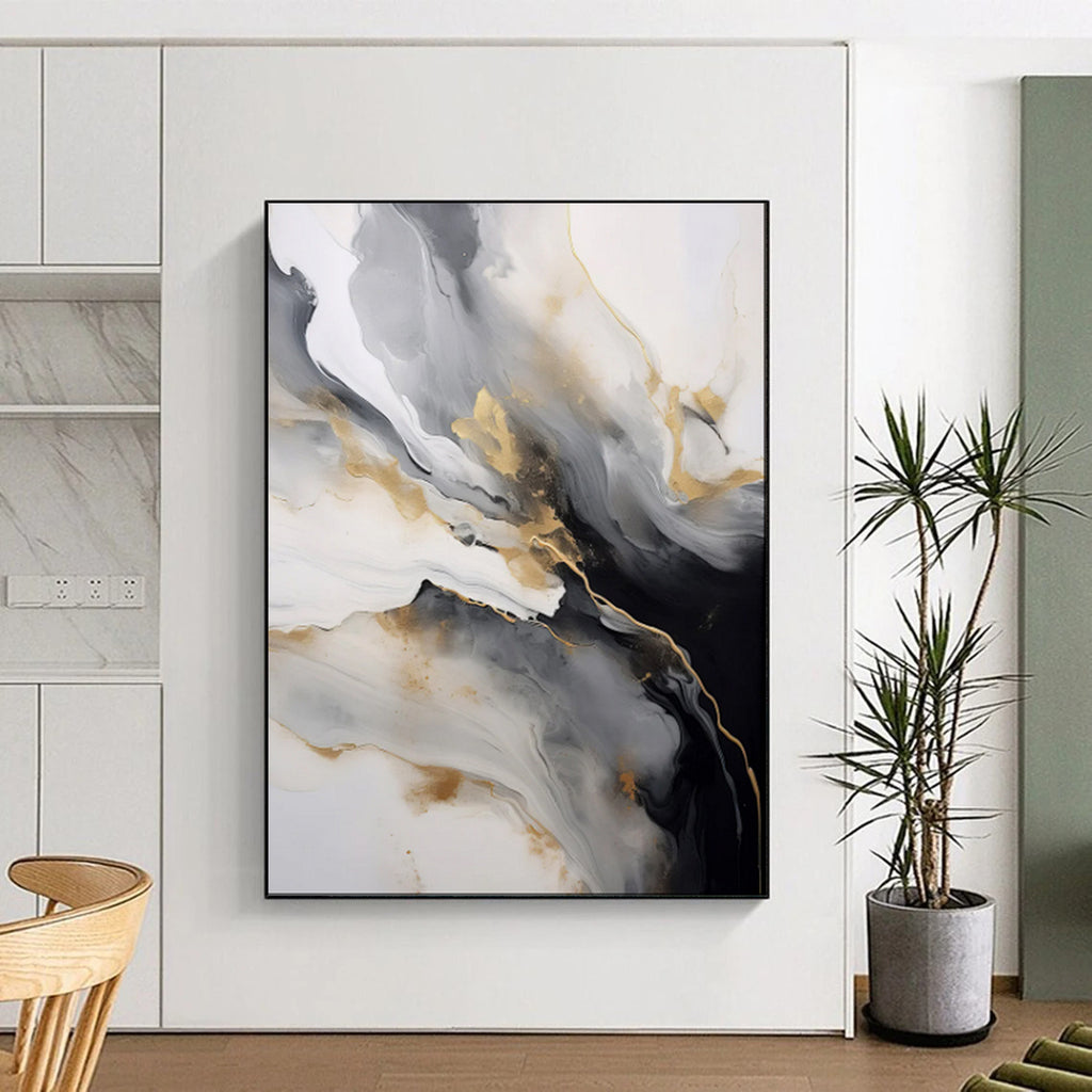 “Monochrome - Gold Abstract Fluid Swirls” - Abstract Painting On Canvas PT2066