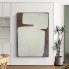 “White Geometric Form on Brown” - Textured Abstract Painting On Canvas PT1082