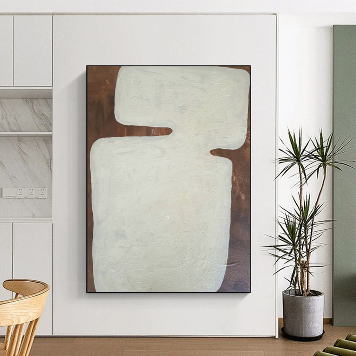 “White Geometric Form on Brown” - Textured Abstract Painting On Canvas PT1082