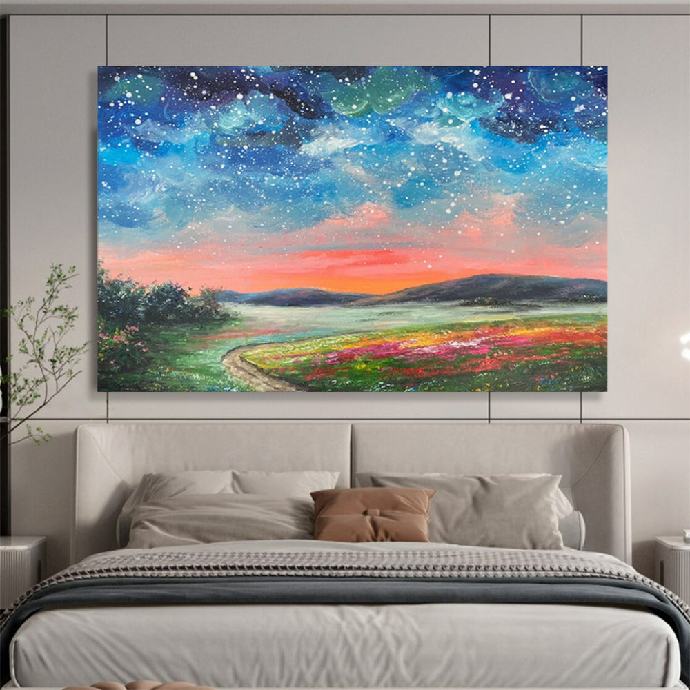 Starry Sunset Over Flower Field Landscape Painting On Canvas DKS122