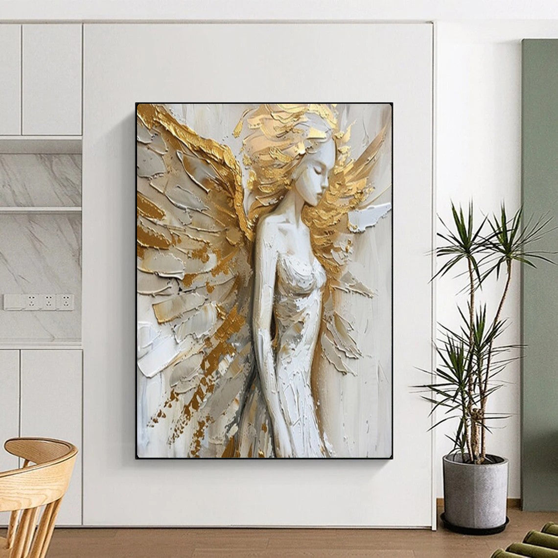 Gold & White Winged Figure, Textured Impressionism, Painting On Canvas PT2138