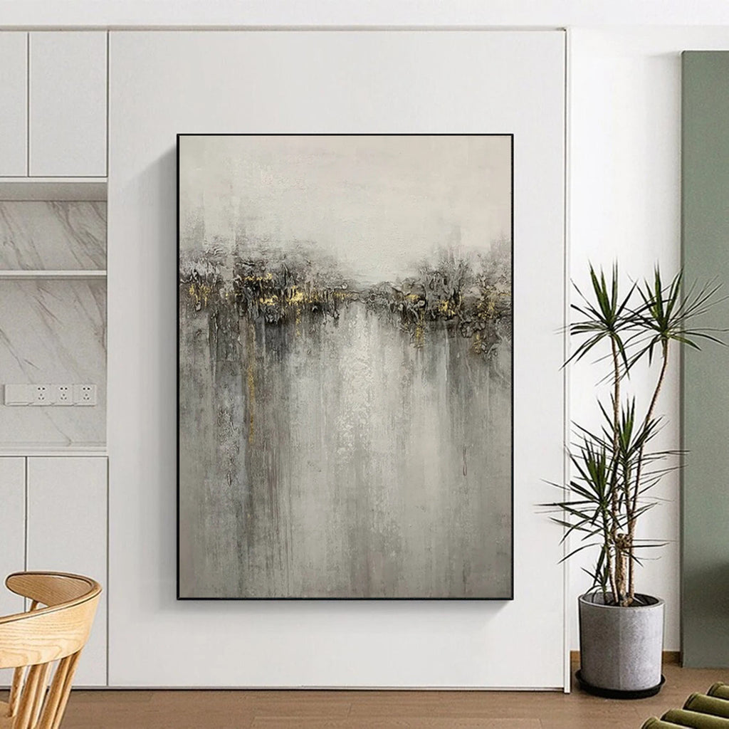 “Gray - Gold Abstract Landscape” - Textured Landscape Painting On Canvas PT1970