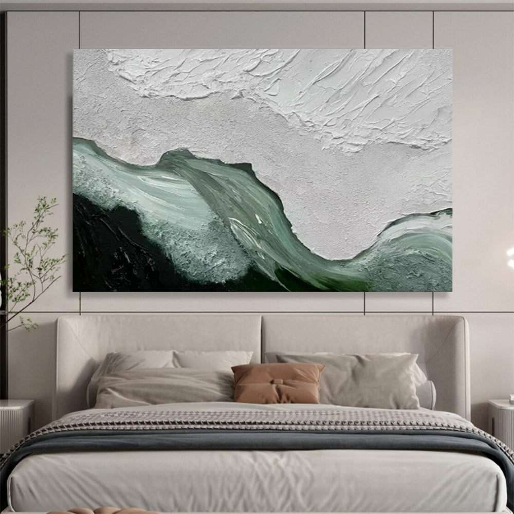 “Textured White - Green Abstraction” - White, Green & Black Abstract, Impasto Acrylic Painting On Canvas DKS744