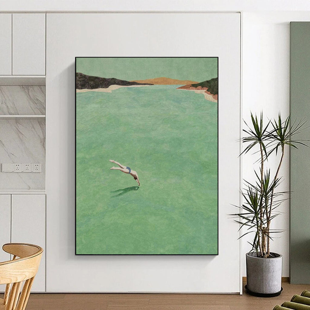 “Diving into Green Water” - Refreshing Landscape Figurative Painting On Canvas DS304