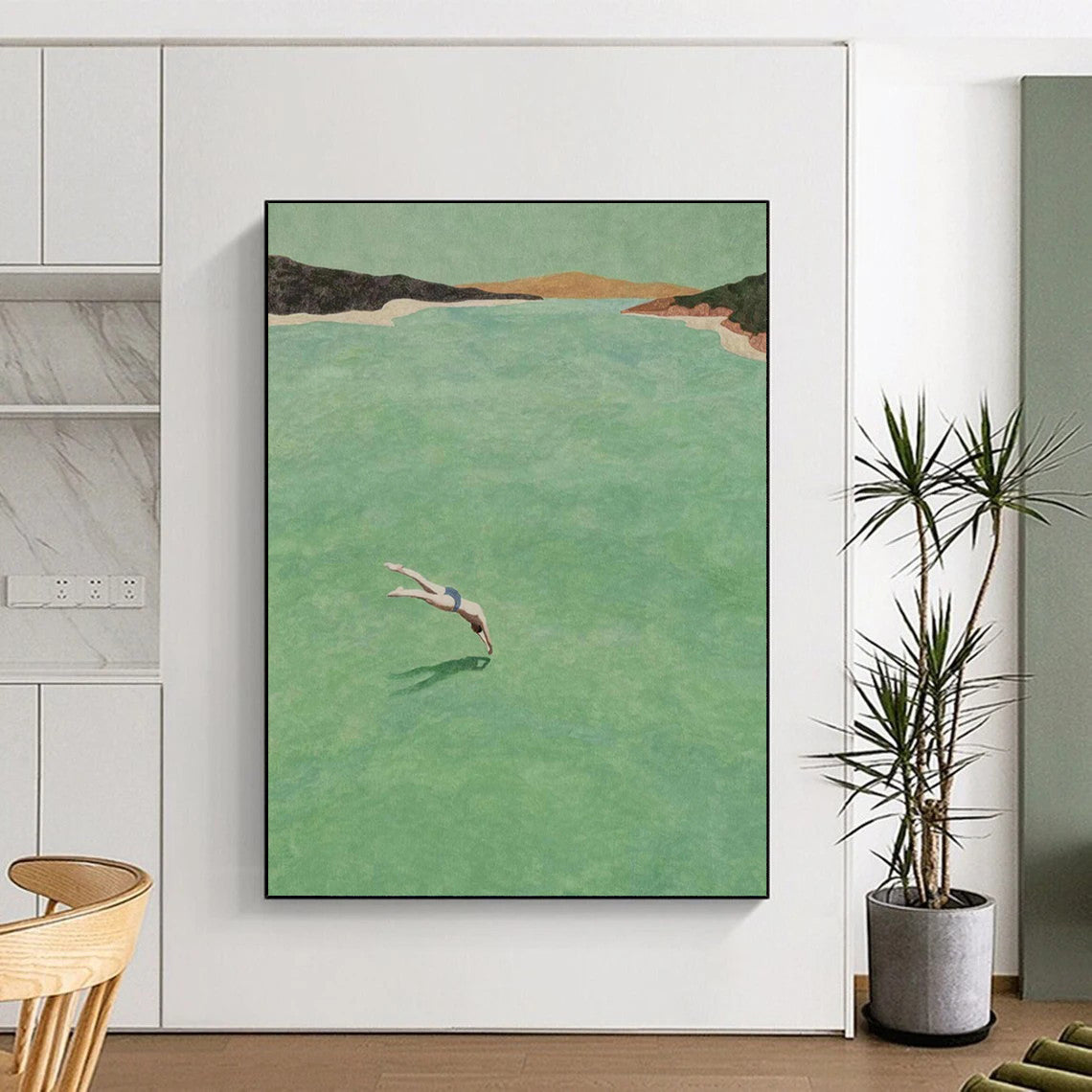 “Diving into Green Water” - Refreshing Landscape Figurative Painting On Canvas DS304