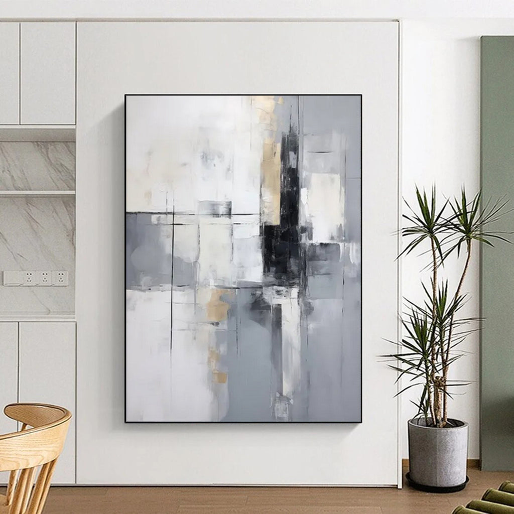 “Monochrome Grid” - Subtle Gray Tones & Geometric Lines Painting On Canvas DS138