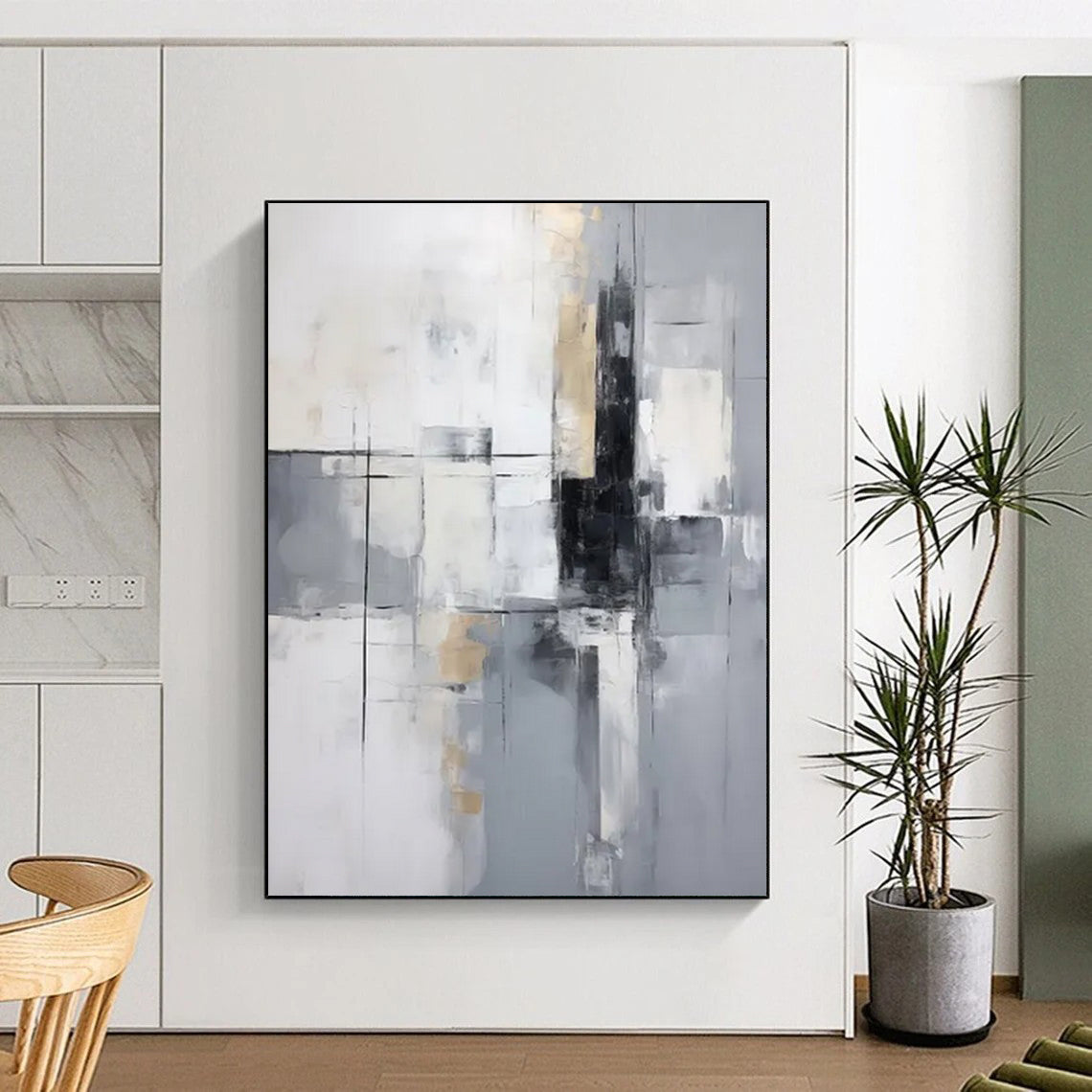 “Monochrome Grid” - Subtle Gray Tones & Geometric Lines Painting On Canvas DS138